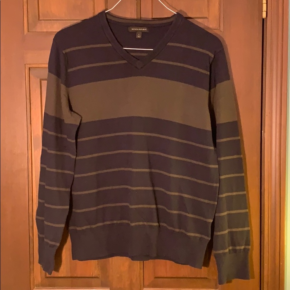 Men’s v-neck sweater. Blue and brown stripe.